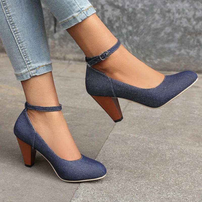 Blue denim women's high heel boots with a buckle strap and waterproof platform sole.