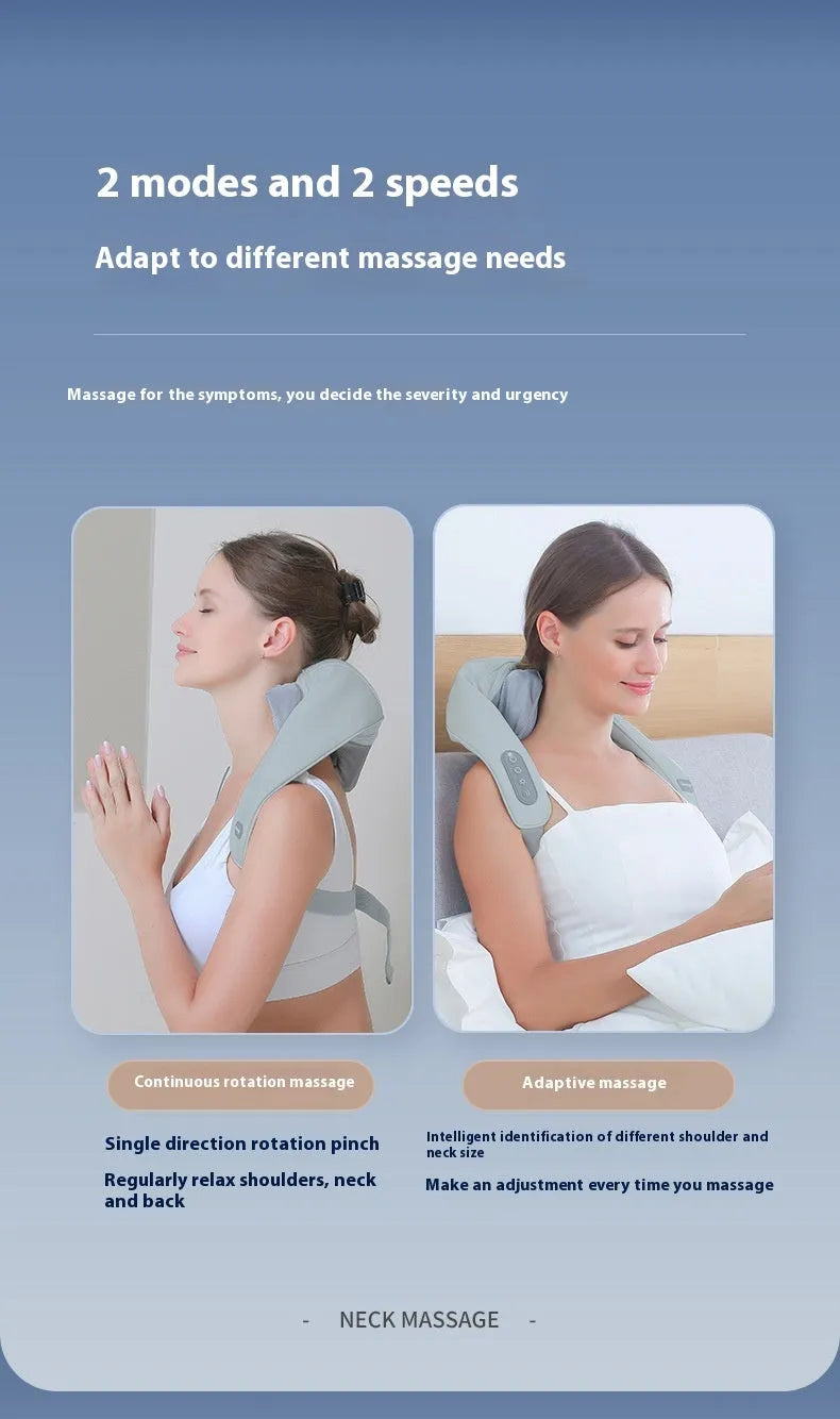 Grey elastic fabric USB rechargeable neck and back massage instrument with two gears.