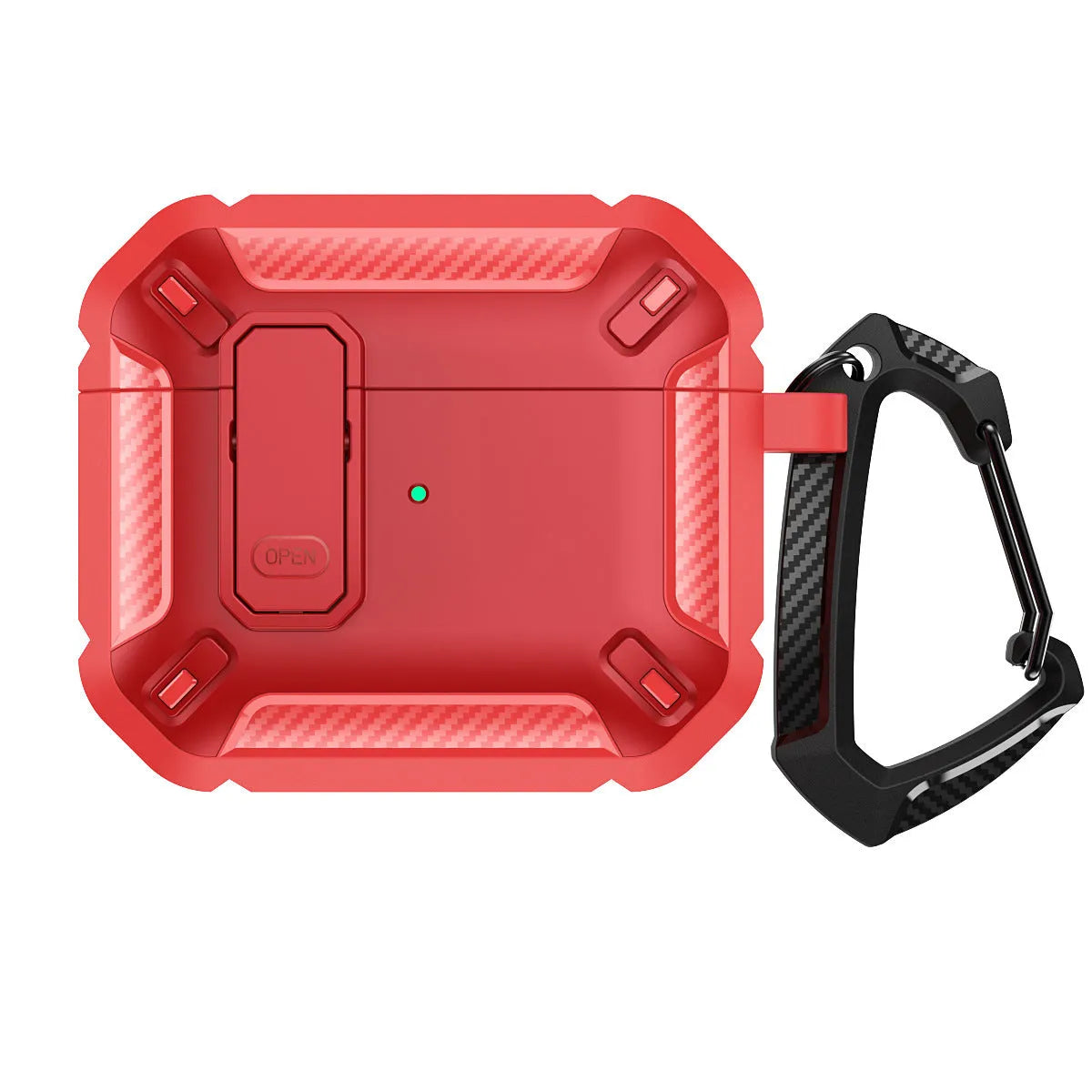 Two-tone black and yellow plastic AirPods protective case with a metal hook attached.