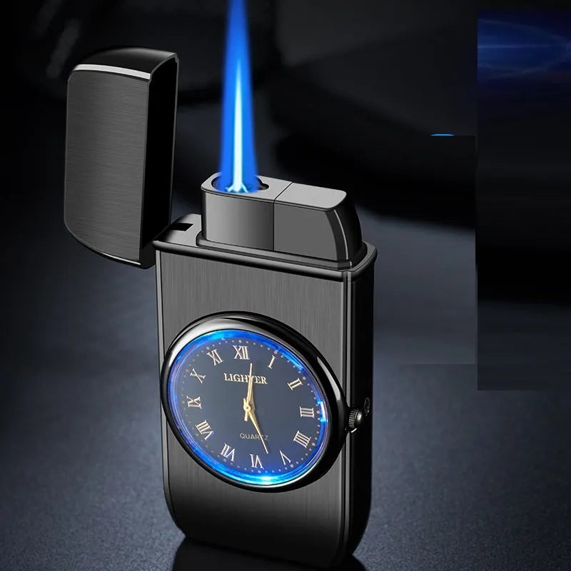 Multifunctional metal electronic lighter with watch display and LED flash lamp in black brushed finish.