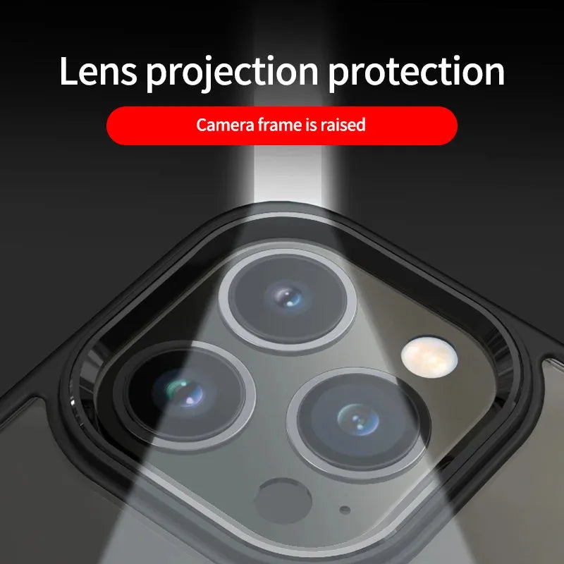 Magnetic iPhone case with acrylic cover and metal lens frame, black edge and red frame, for iPhone 11 to 15 Pro Max