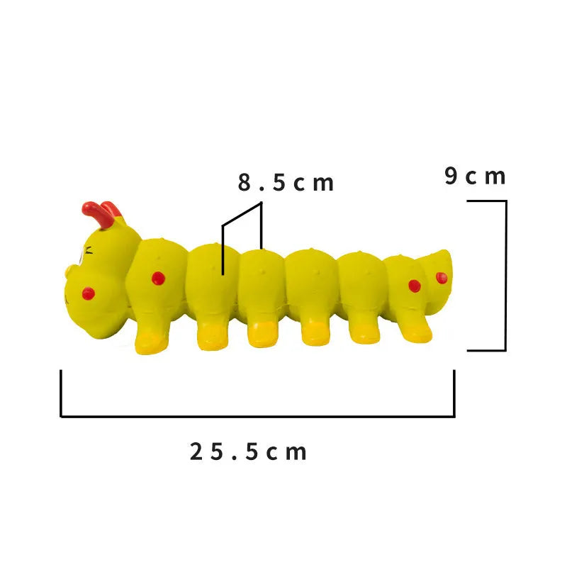 Yellow caterpillar-shaped rubber dog chew toy with squeaker for small medium dogs
