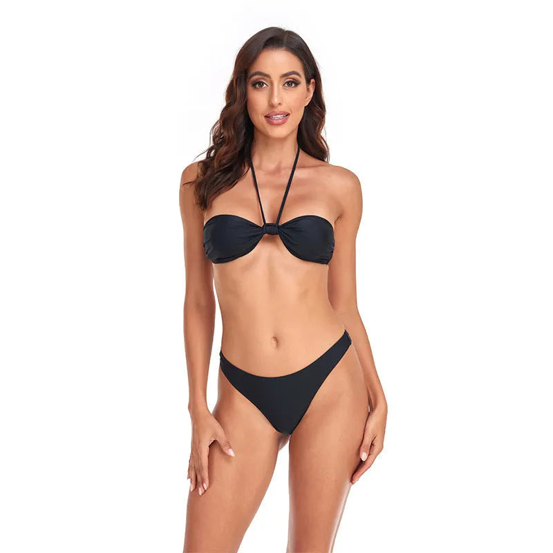Black women's polyester bikini set with lace-up tube top and matching briefs