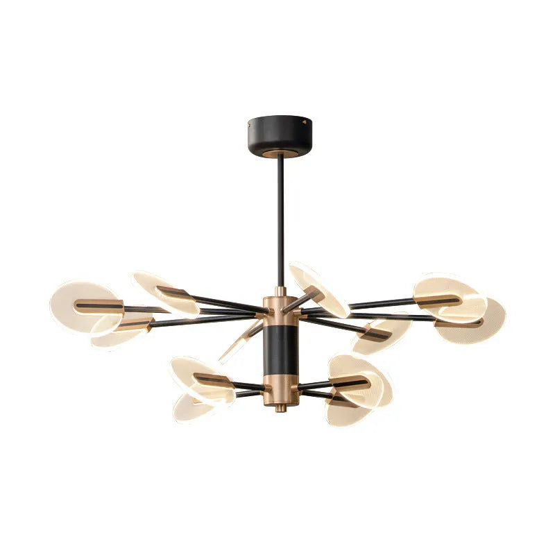 Iron and acrylic LED chandelier pendant light with multiple head options.