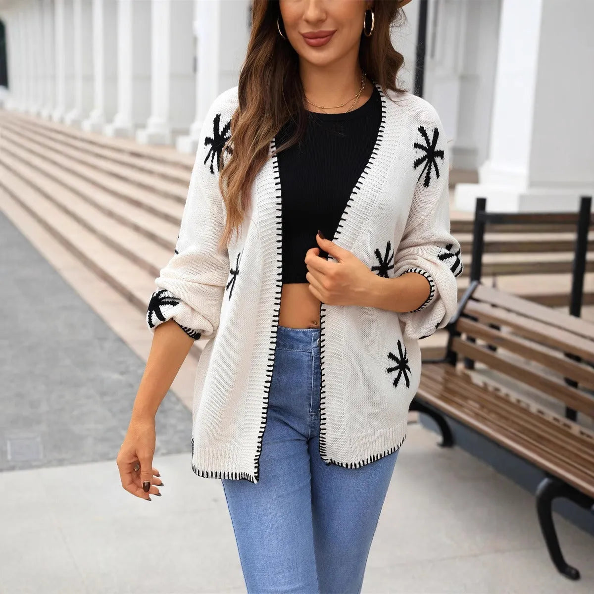 Plus size jacquard flower off-neck knitted cardigan coat in beige or orange, loose thin acrylic, sizes S to XL