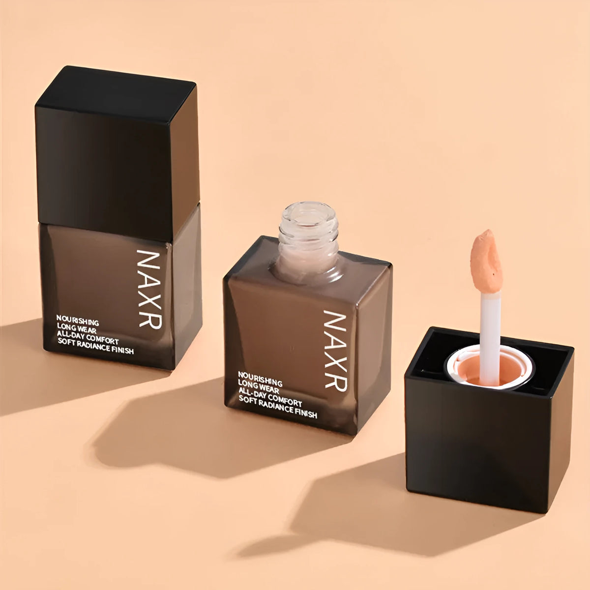 Liquid foundation bottle for oil control and brightening, available in Natural Colour and Ivory White shades.