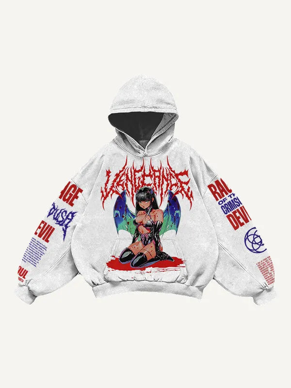 Men's printed hooded loose retro sweatshirt in black with long sleeves and pullover style