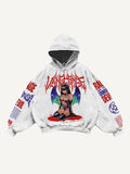 Men's printed hooded loose retro sweatshirt in black with long sleeves and pullover style