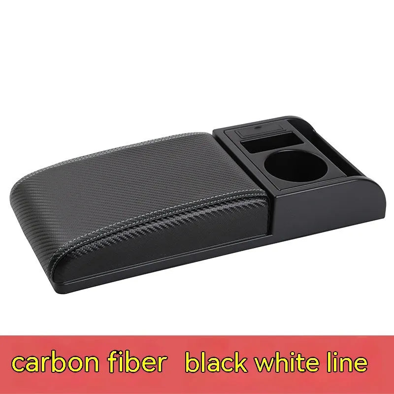 Universal car armrest cover in black with red decorative lines showing PU leather texture surface