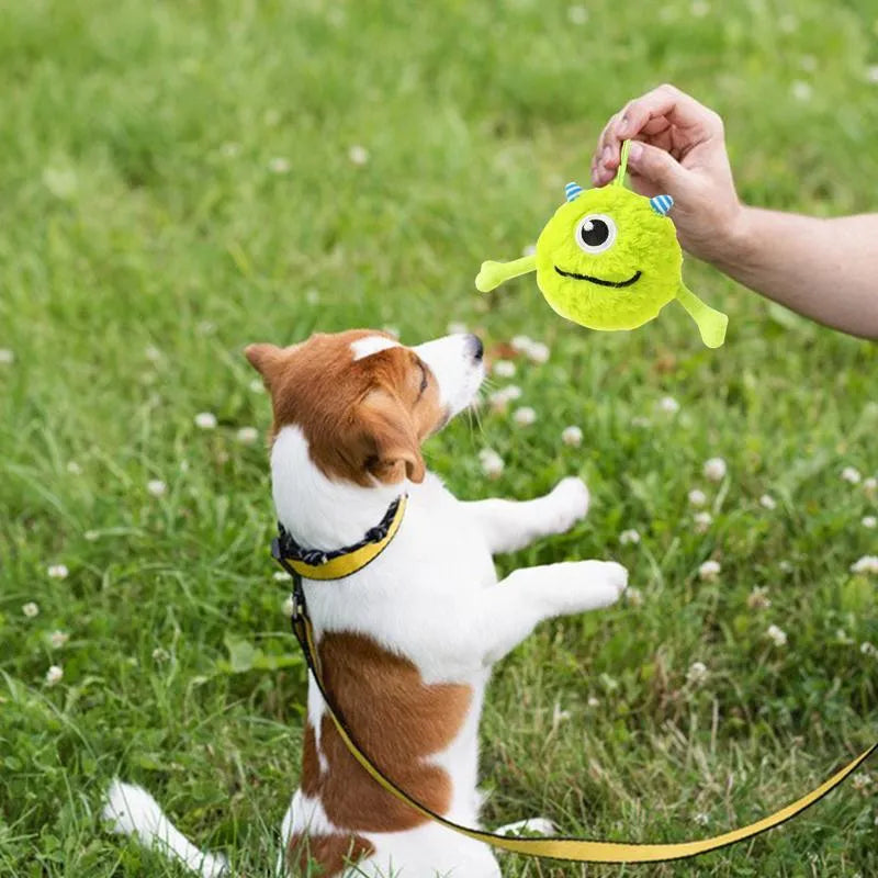 Green interactive sound dog teething ball with plush and TPR construction, 12cm diameter