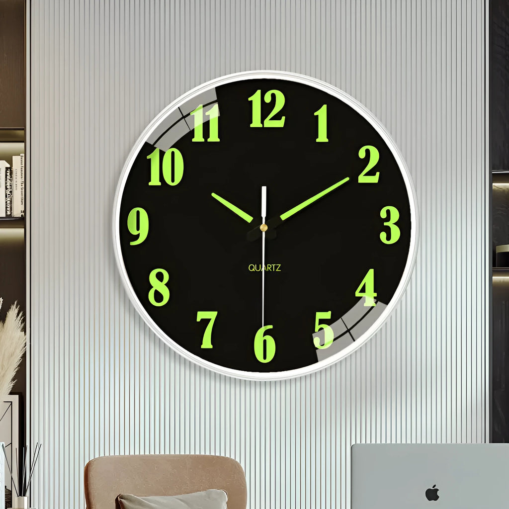 8 inch luminous wall clock with modern white plastic shell on a wall.