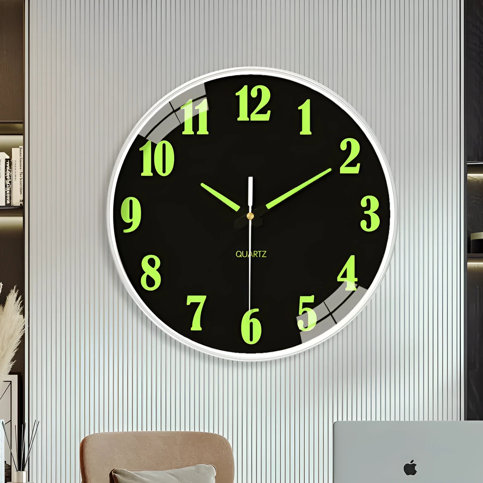 8 inch luminous wall clock with modern white plastic shell on a wall.