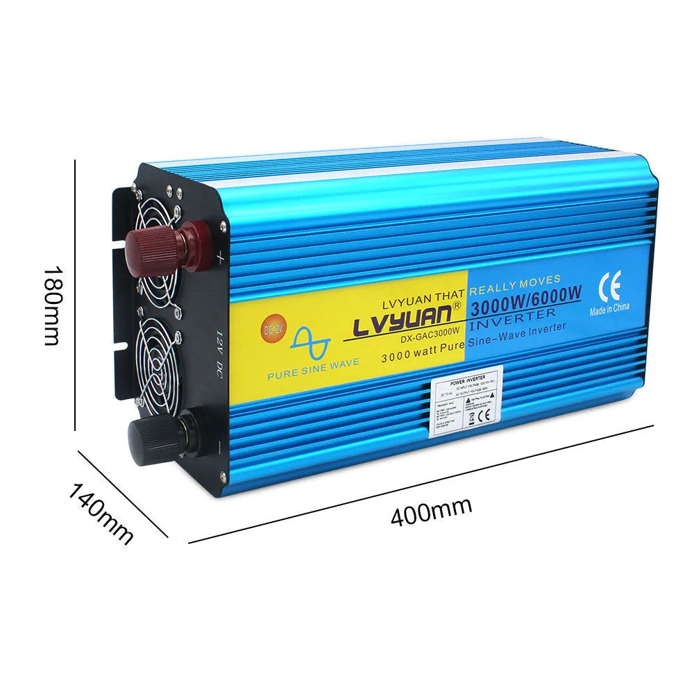 Blue car power inverter with digital displays and UK sockets for 12V to 220V conversion