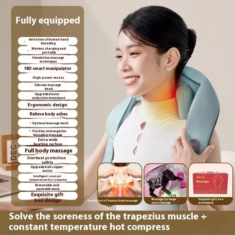 Blue foldable electric neck and back massager with rechargeable battery on a table