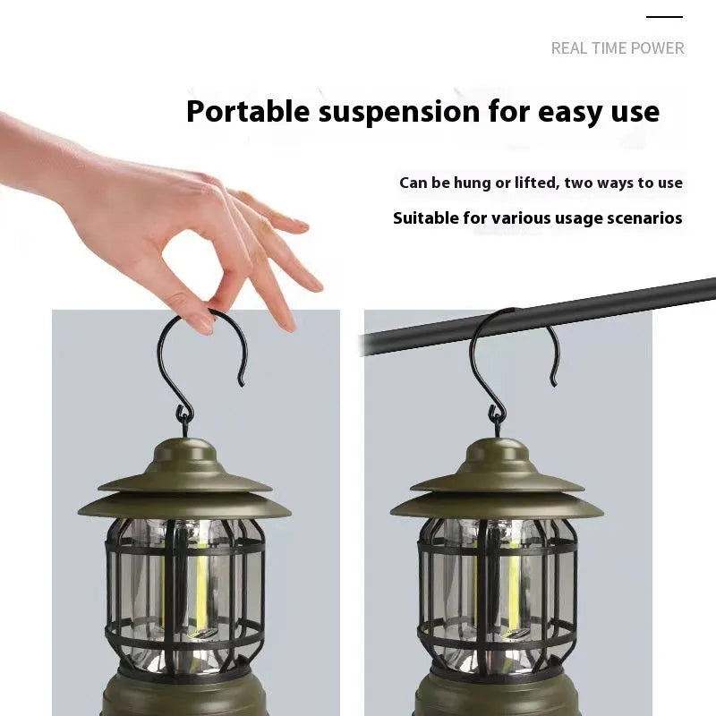 Portable camping head lamp lantern with magnetic base in black, red, or dark green showing 360° illumination