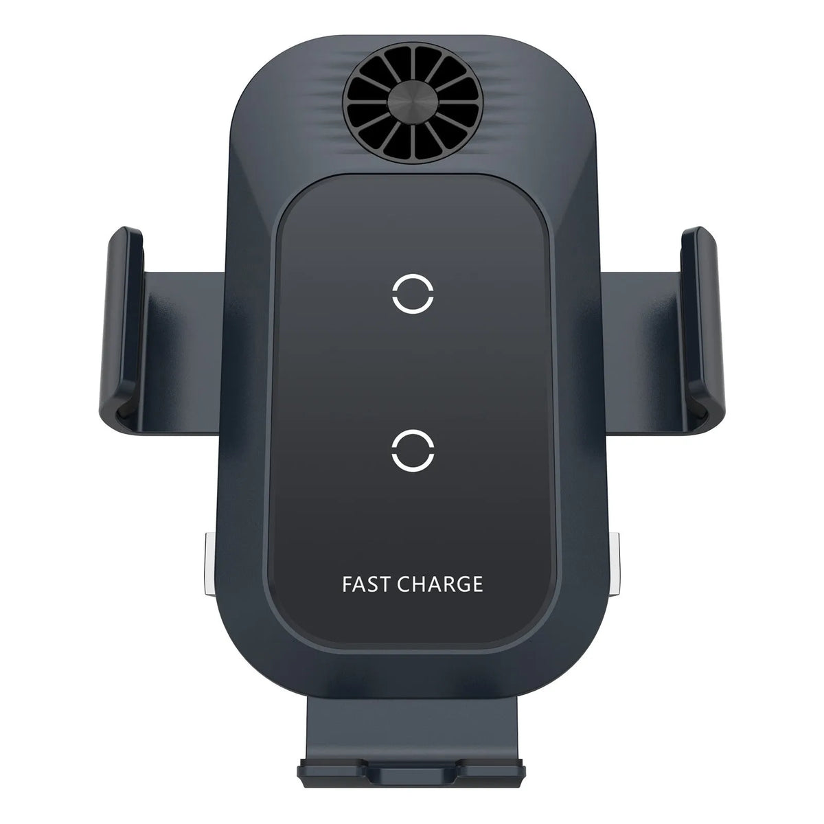 Black car wireless phone charger mounted on air vent with smartphone charging automatically clamped