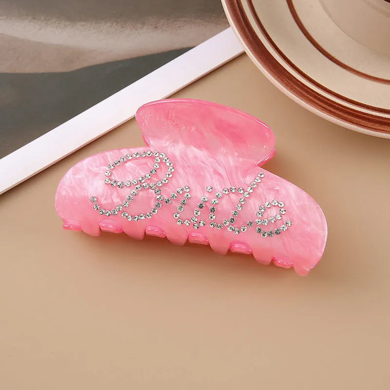 Pink and white 10cm acrylic hair barrettes with shark clip backs and diamond spot drill decoration