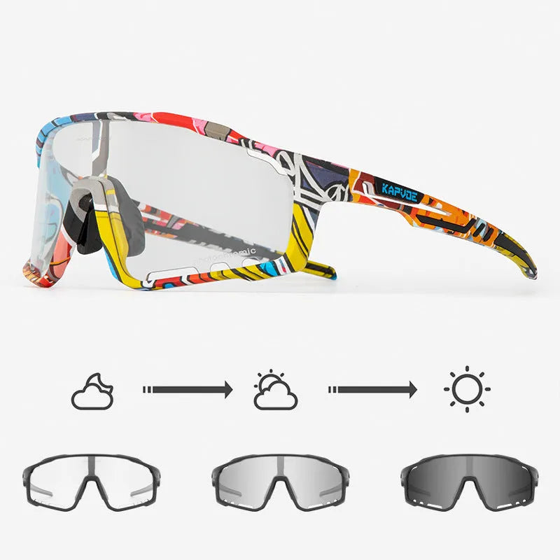 Photochromic cycling sunglasses with semi-rimless TR90 frame on a solid colour background