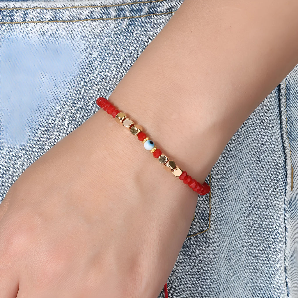Red hand-woven artificial crystal beaded couple bracelet with geometric eye design in ins style