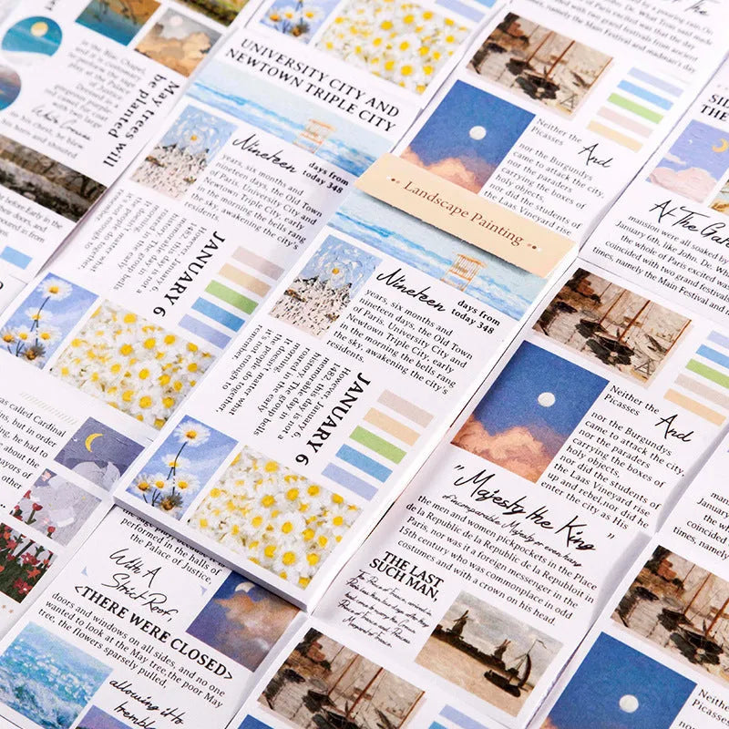 Pack of 20 rectangular landscape painting paper stickers measuring 60mm by 120mm.