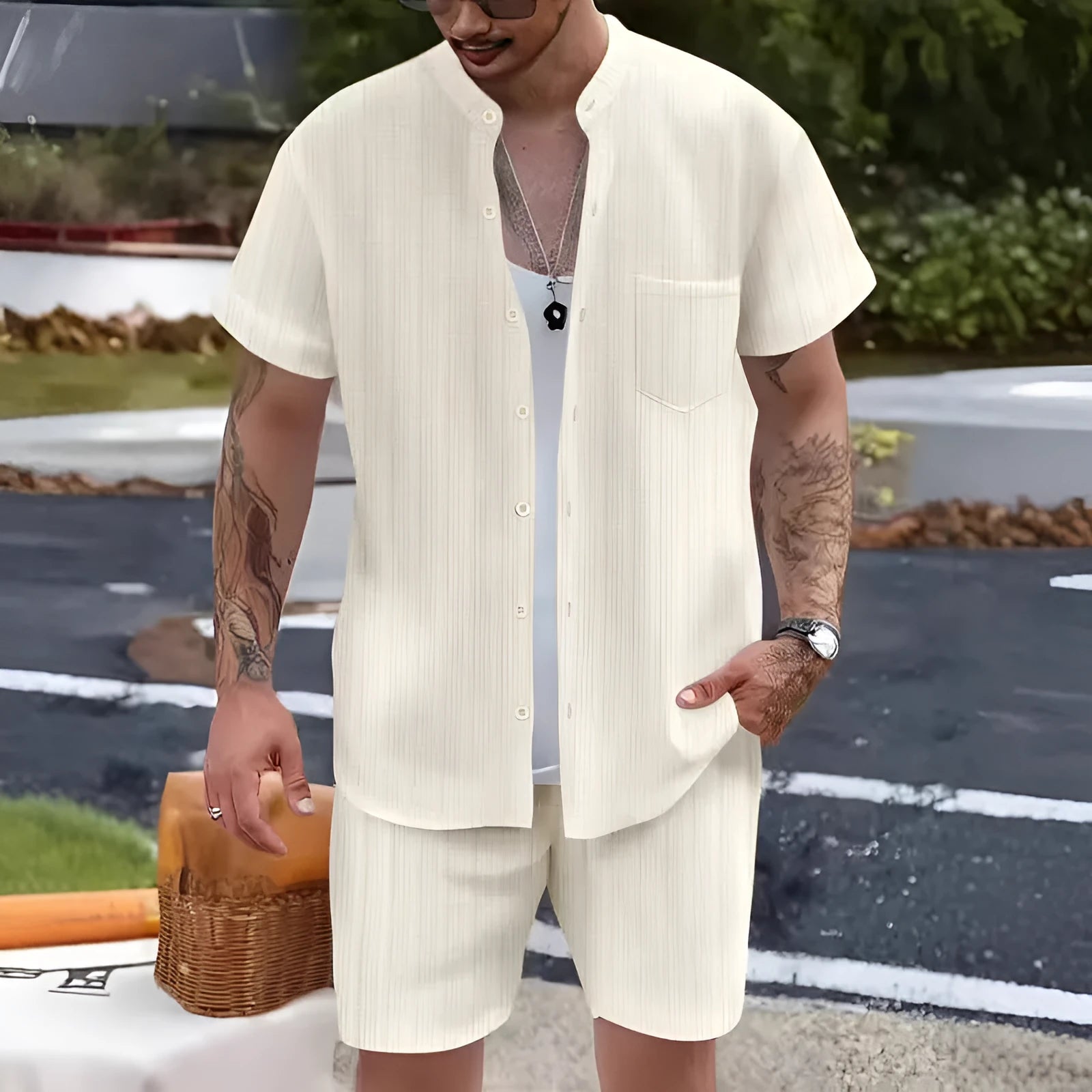 Men's Henry collar short sleeve shirt and shorts set in apricot placed on flat surface
