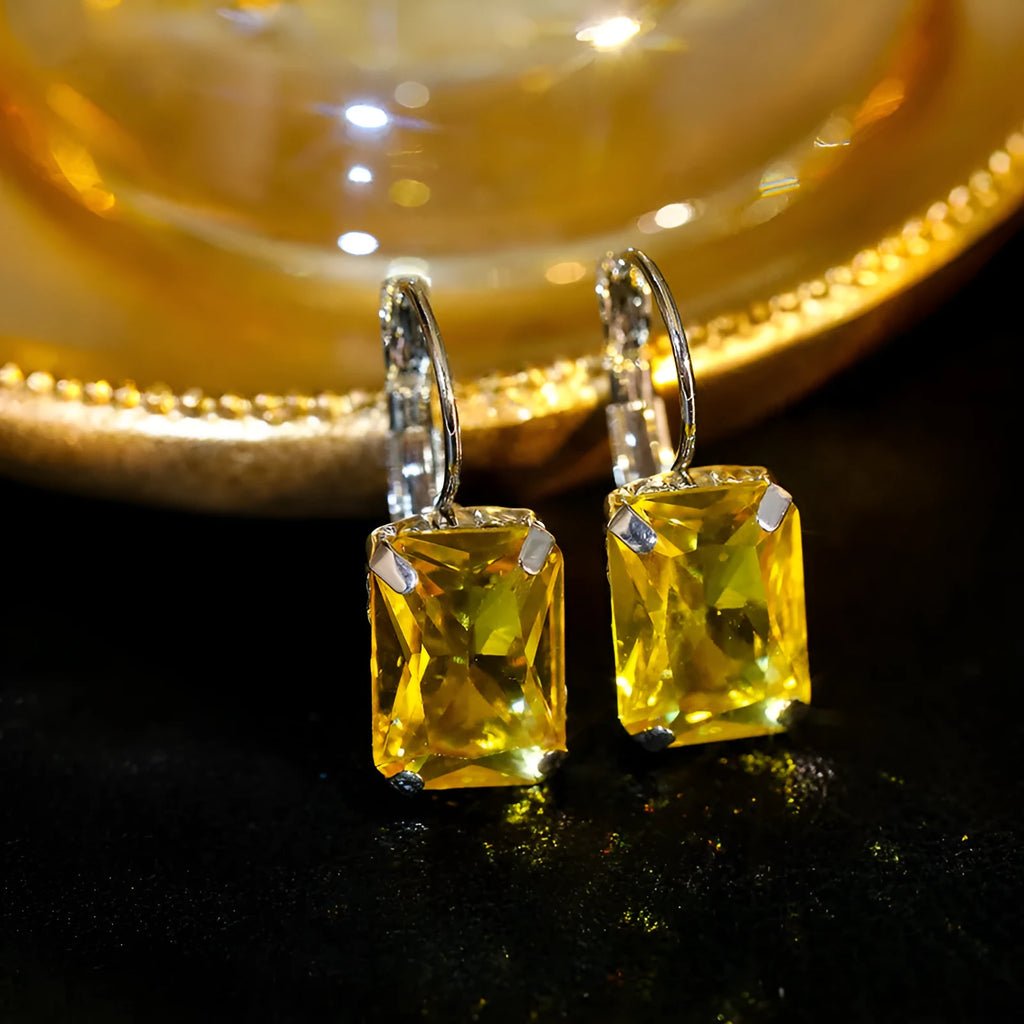 Women's square crystal earrings in copper setting, 25x10mm, purple colour option