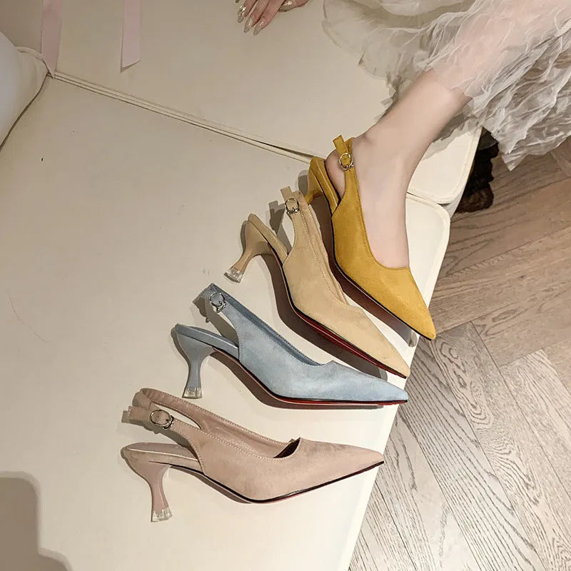 Women's apricot suede pointed-toe stiletto high heels on a neutral background.