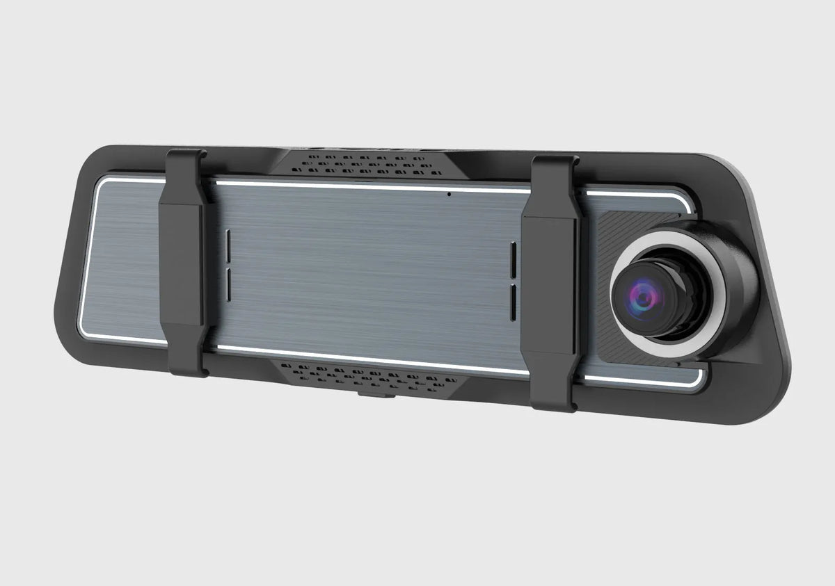 Black dual-lens car dash cam with a large touchscreen mounted on a rearview mirror