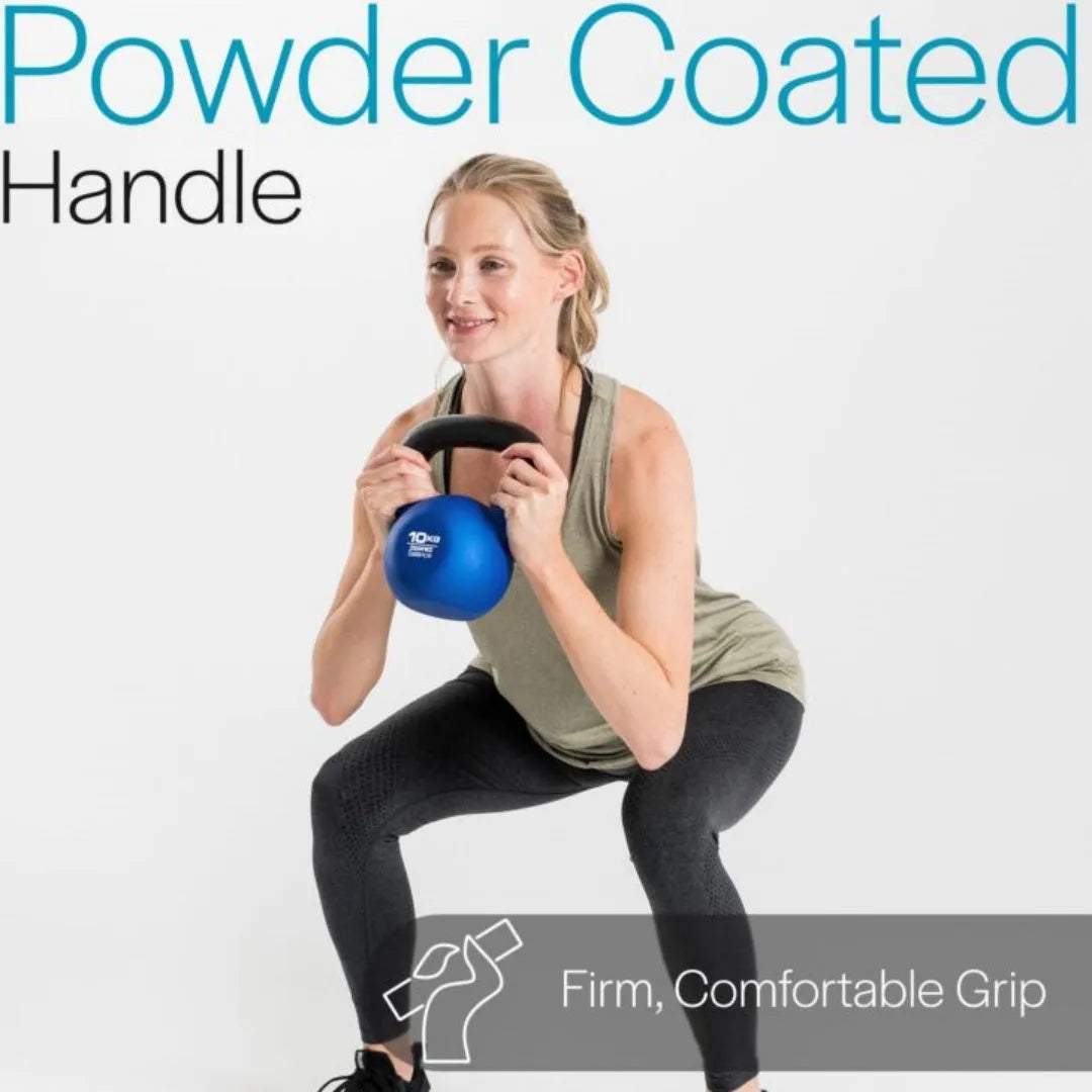 Blue cast iron dumbbell weighing 10 kg with teapot-style handle for home strength training