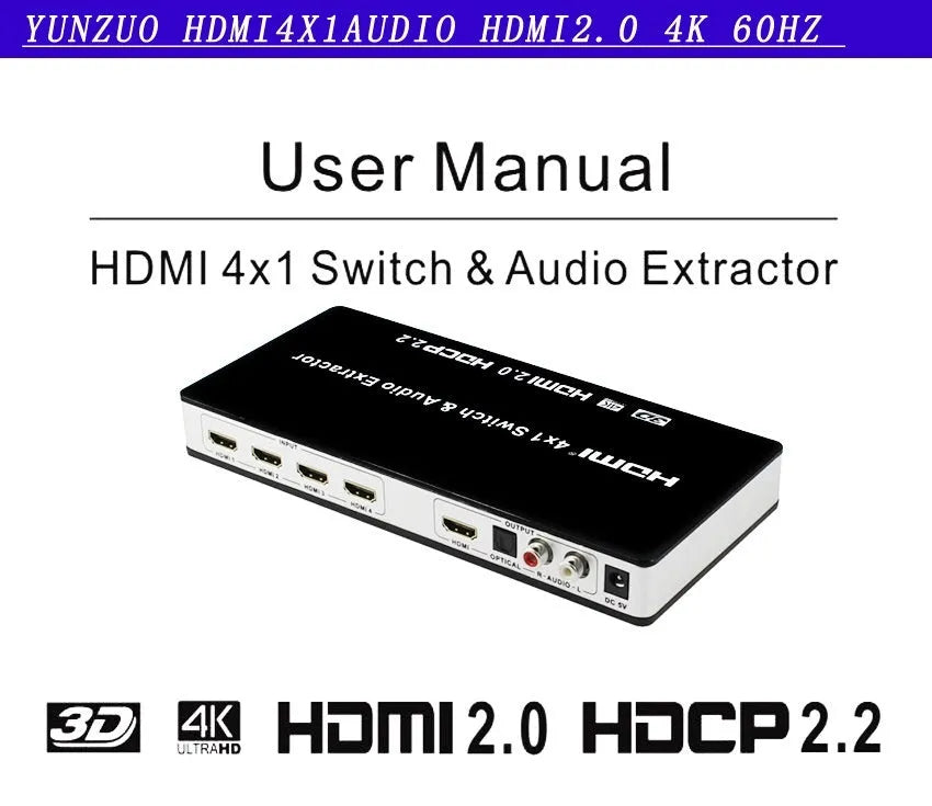Black 4-input 1-output HDMI audio video switch with remote control on a table.
