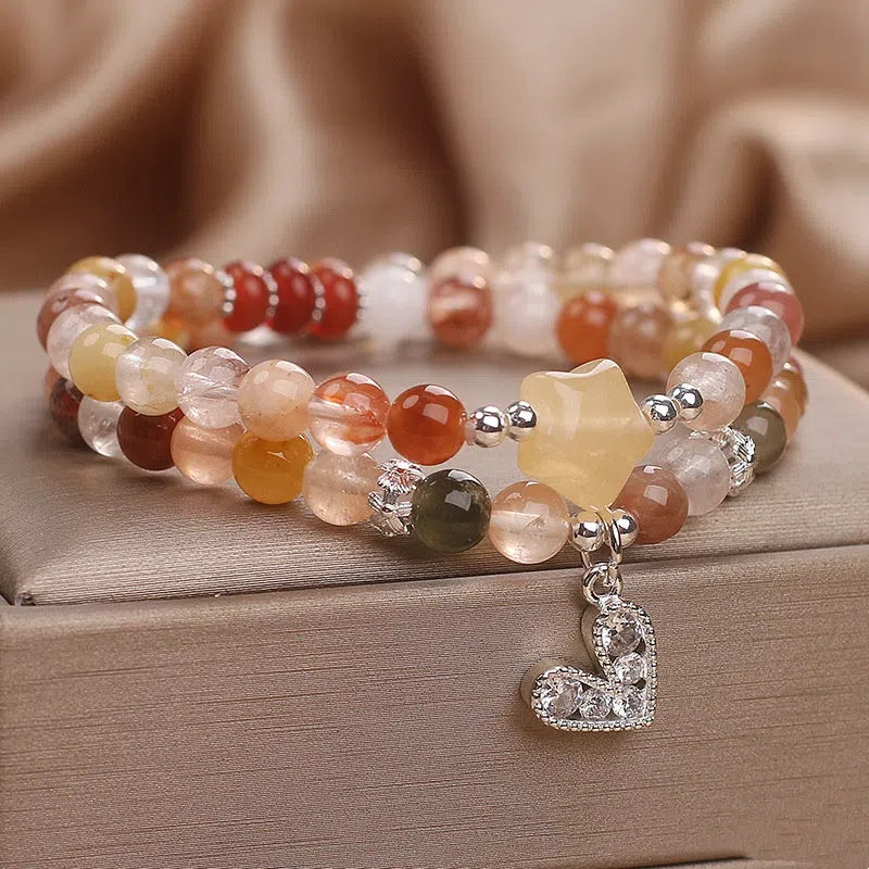 Natural stone women's bracelet with red crystal and double ring design