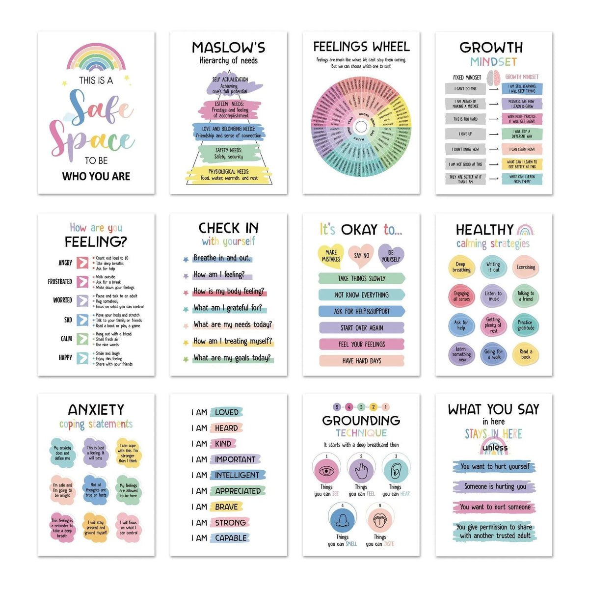 Set of 12 mental health posters printed on coated paper with bright film finish, 255 x 355mm