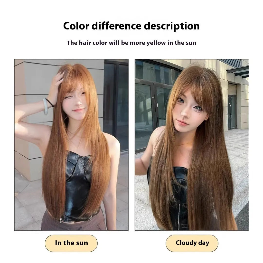 Warm brown long straight synthetic wig with fringe on a model