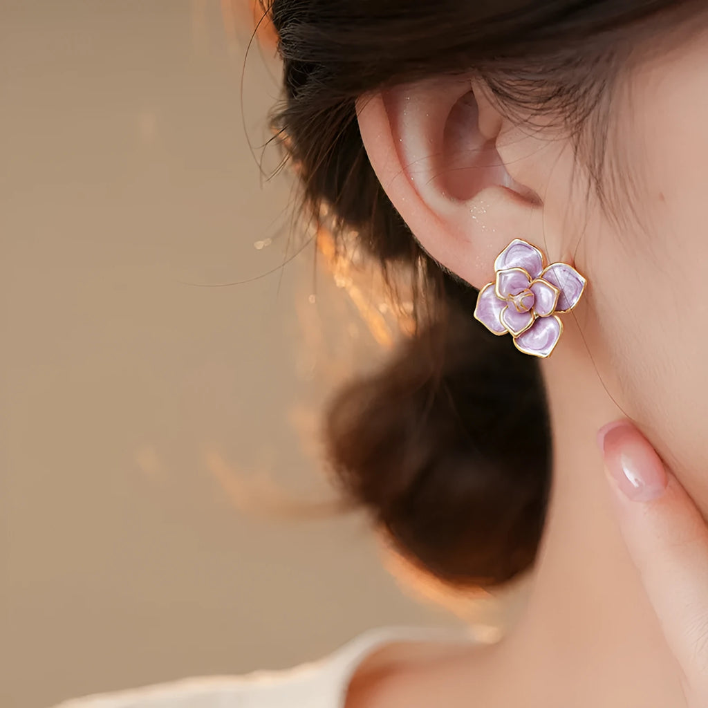 Golden-purple oil-spot glaze floral stud earrings with gold plating on copper base.