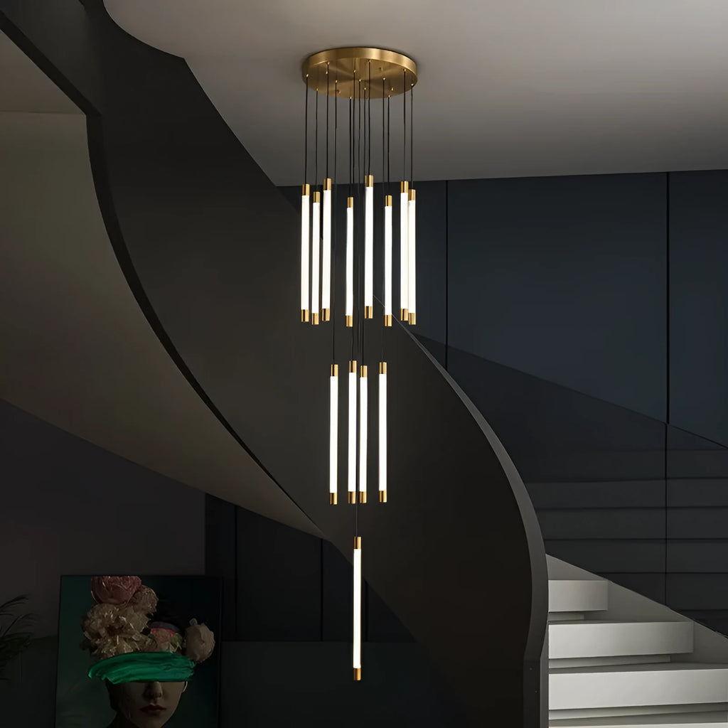 All copper duplex staircase long chandelier, LED pendant light, 800mm boundary dimension, 250cm height, single head
