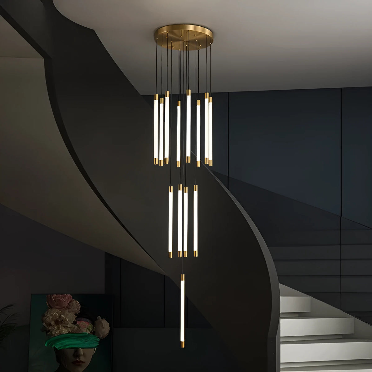 All copper duplex staircase long chandelier, LED pendant light, 800mm boundary dimension, 250cm height, single head