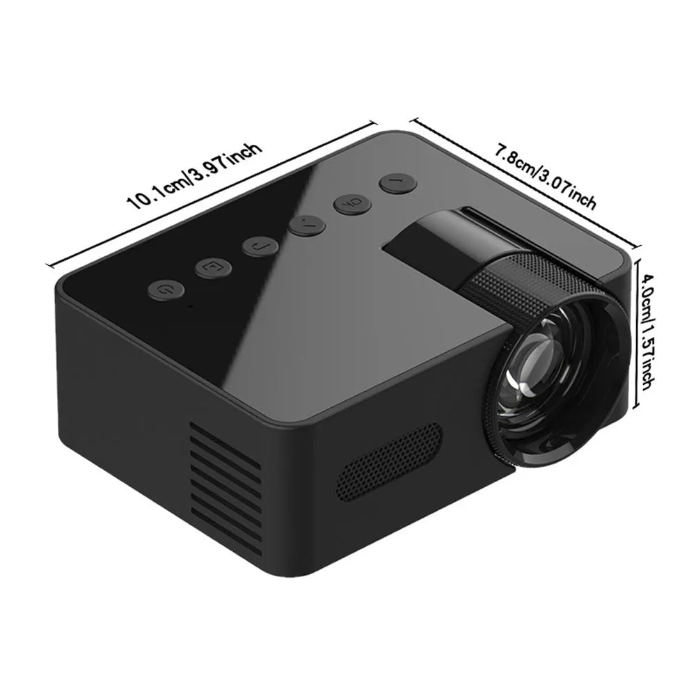 Black mini portable projector with USB power, wireless screen mirroring, 101x78x40mm body, and 165g weight