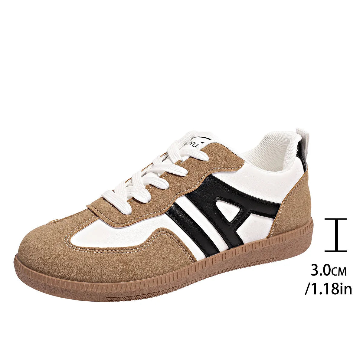 Women's retro colour matching lace-up jogging shoes with platform heel in black, grey, and khaki.