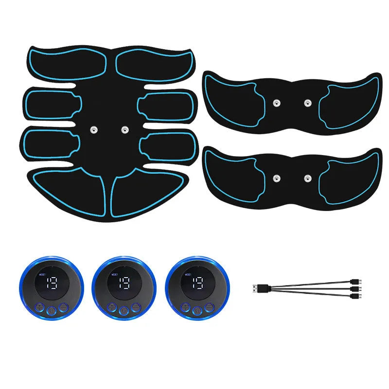 Three-piece abdominal muscle patch set with digital display and charging function in red, blue or yellow edge options