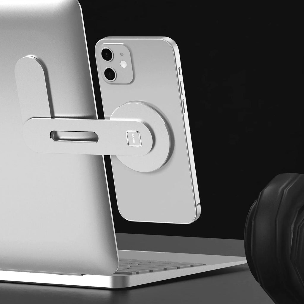 Black aluminium magnetic desktop bracket for Apple MacBook laptop storage