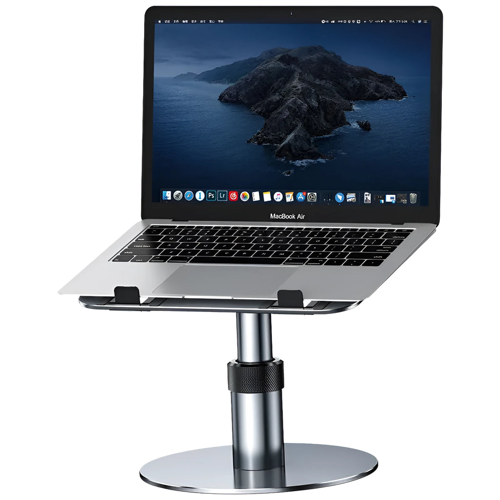 Silver adjustable car laptop stand with rotating base extended on a car seat.
