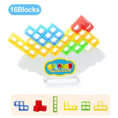 Plastic balance stacking game with 16 colourful blocks and chassis for family play