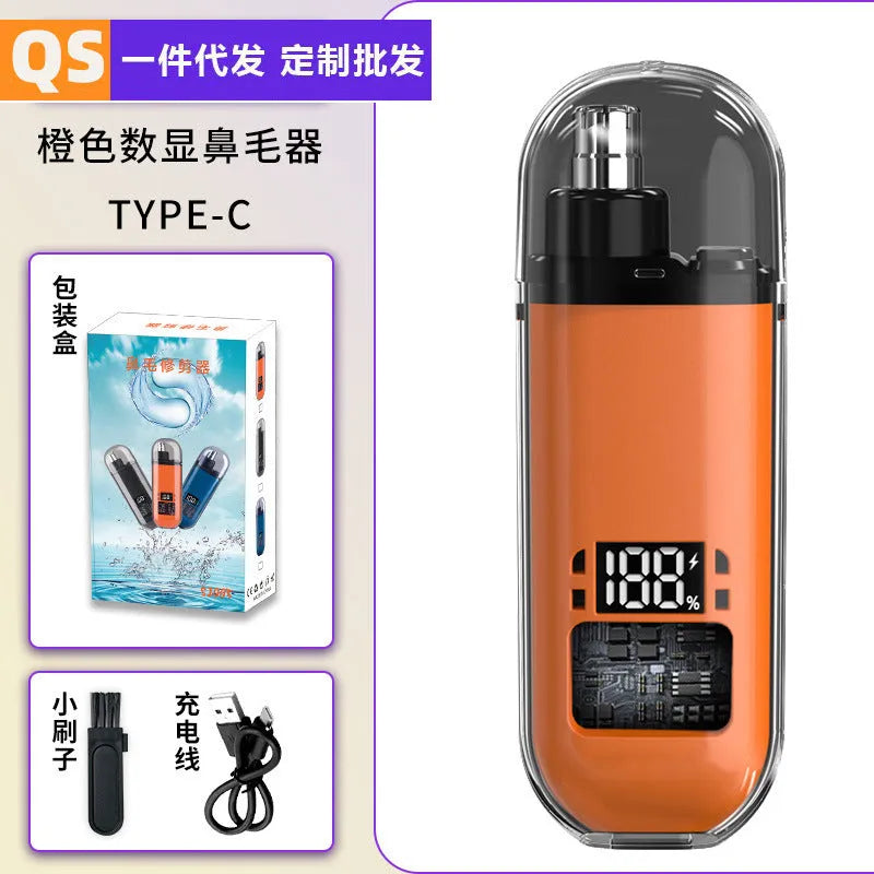 Rechargeable nose hair trimmer with removable cutter head and digital display in black, blue or orange options