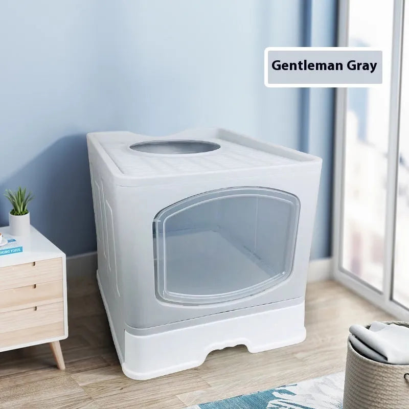 Folding fully enclosed cat litter box 51x41x44cm in ABS PP, available in blue pink or grey