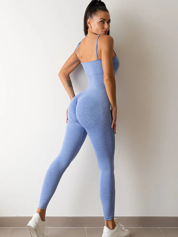 Women's black sleeveless jumpsuit with spaghetti straps and a fitted silhouette.