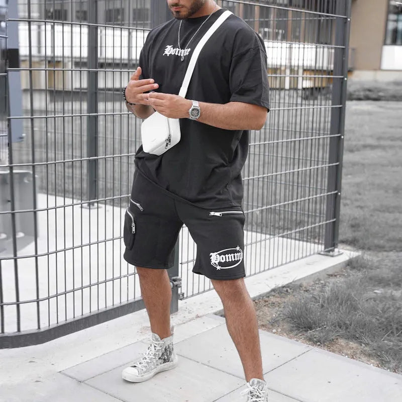Men's grey short-sleeve T-shirt and shorts set, casual two-piece outfit in sizes M to XXXL