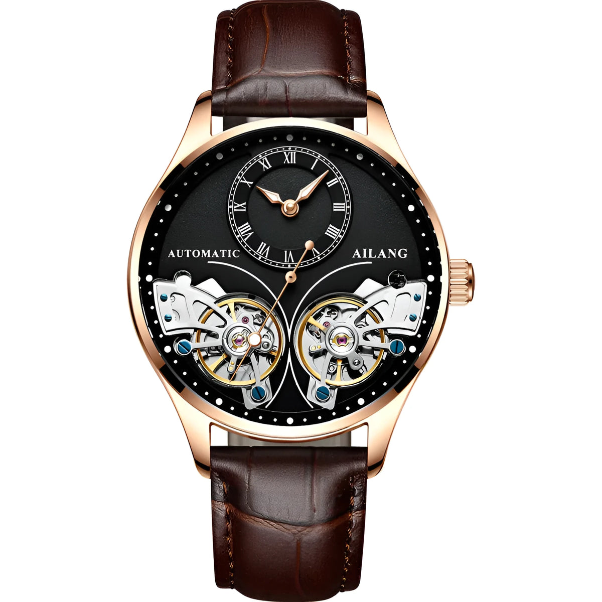 Automatic men's watch with tourbillon and moon phase on black steel strap
