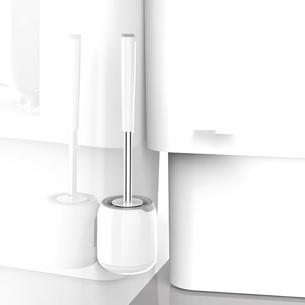 Silicone toilet brush with soft bristles, shown as round freestanding and wall-mounted options