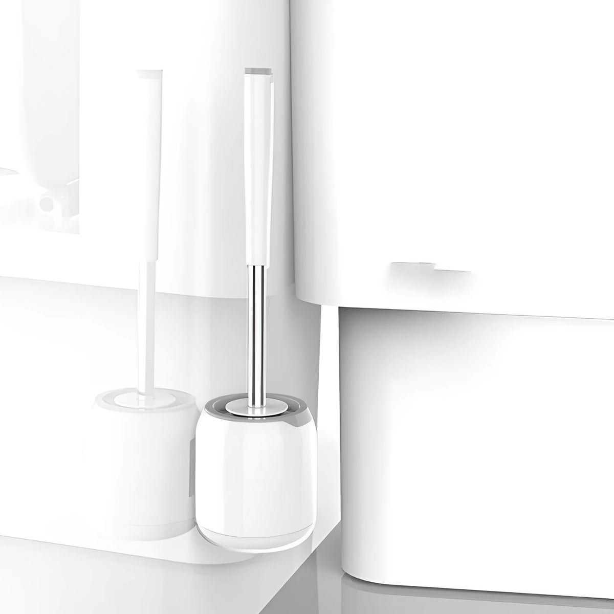 Silicone toilet brush with soft bristles, shown as round freestanding and wall-mounted options