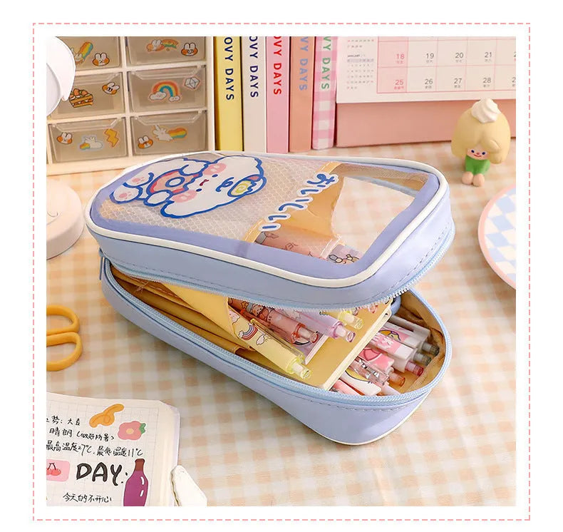 Transparent PVC student pencil case with vertical South Korea style candy bear design